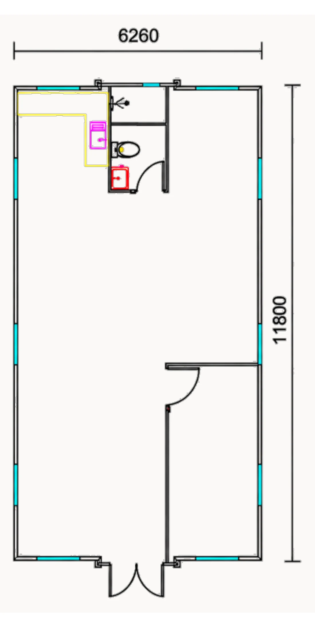 Rzut układu wnętrza C domu kontenerowego CZAREK 74 m² z kuchnią w kształcie L i wydzieloną strefą nocną
