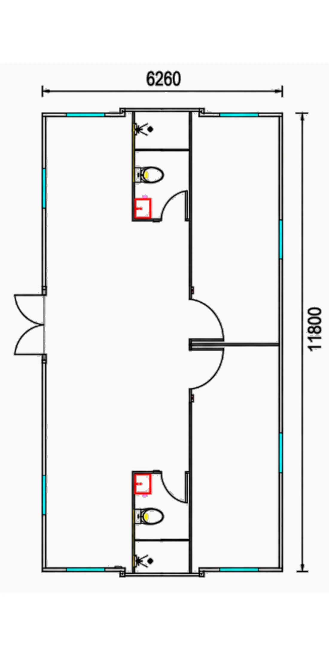 Rzut układu wnętrza D domu kontenerowego CZAREK 74 m²: dwa lustrzane moduły z własnymi łazienkami