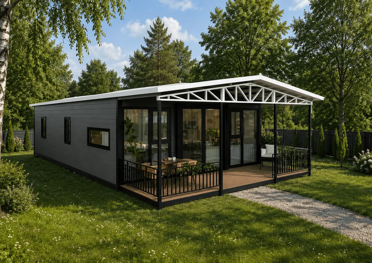 Antracytowy dom kontenerowy CZAREK 74 m² z białym dachem i tarasem, wizualizacja 3D w ogrodzie wśród drzew