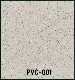 Próbka PVC-001 wykładziny PVC 2 mm — kremowo-beżowa struktura z turkusowymi i szarymi drobinami